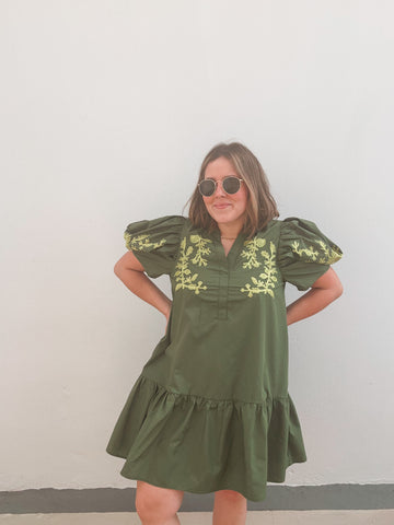 Olive with Yellow Embroidered Dress