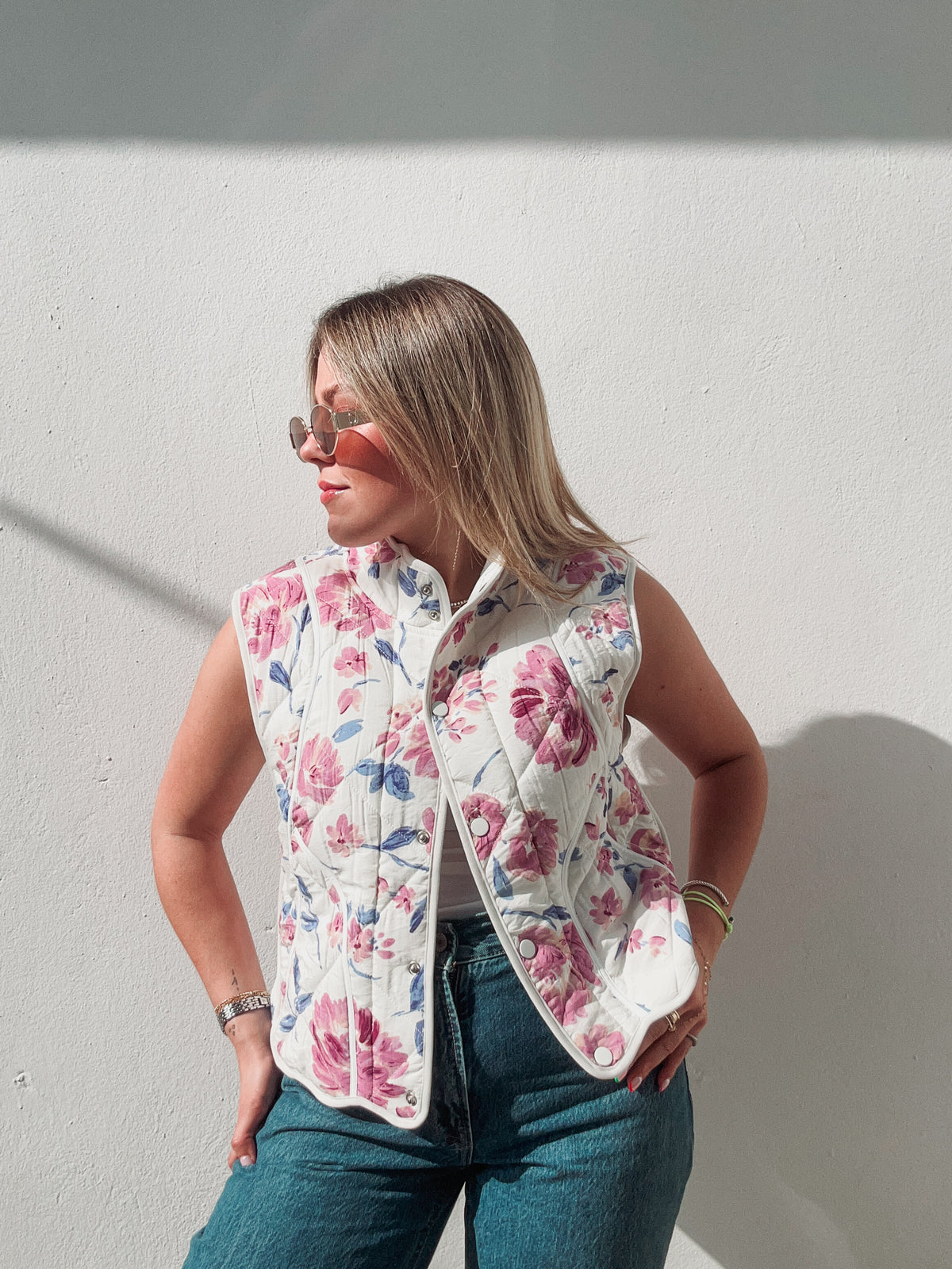 White & Lilac Floral Quilted Vest
