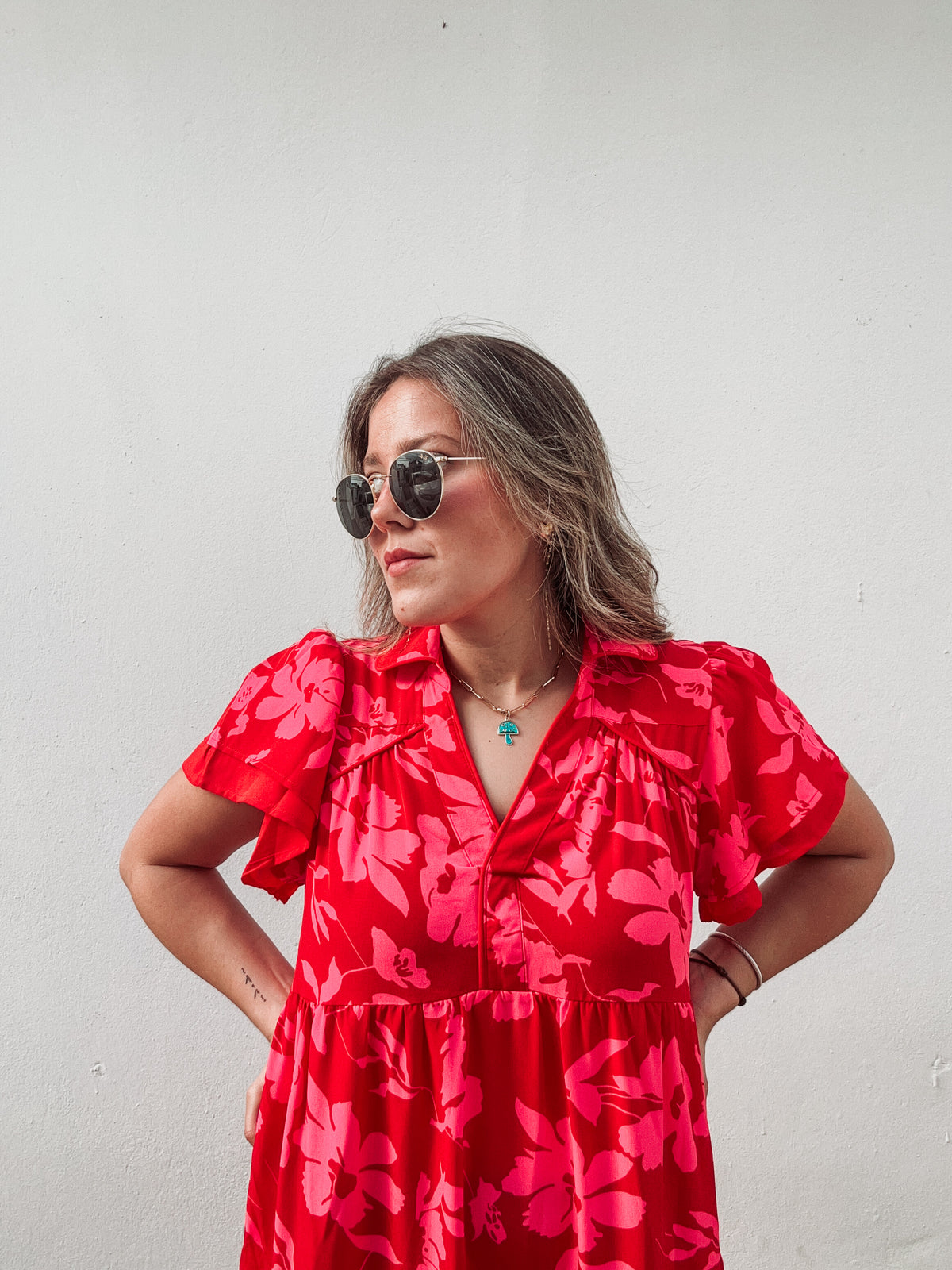 Pink & Red Floral Printed Dress