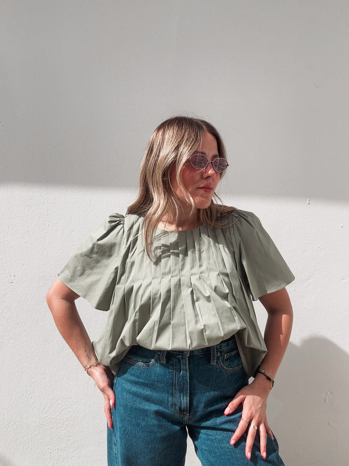 Olive Pleated Top