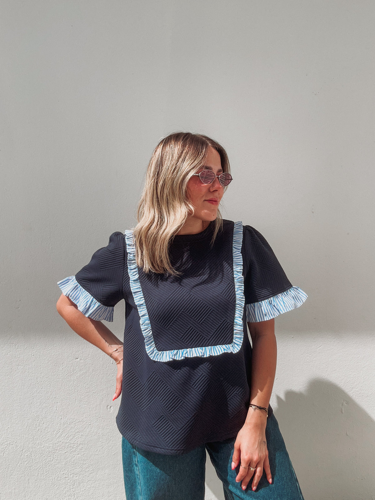 Blue Textured Striped Ruffle Blouse