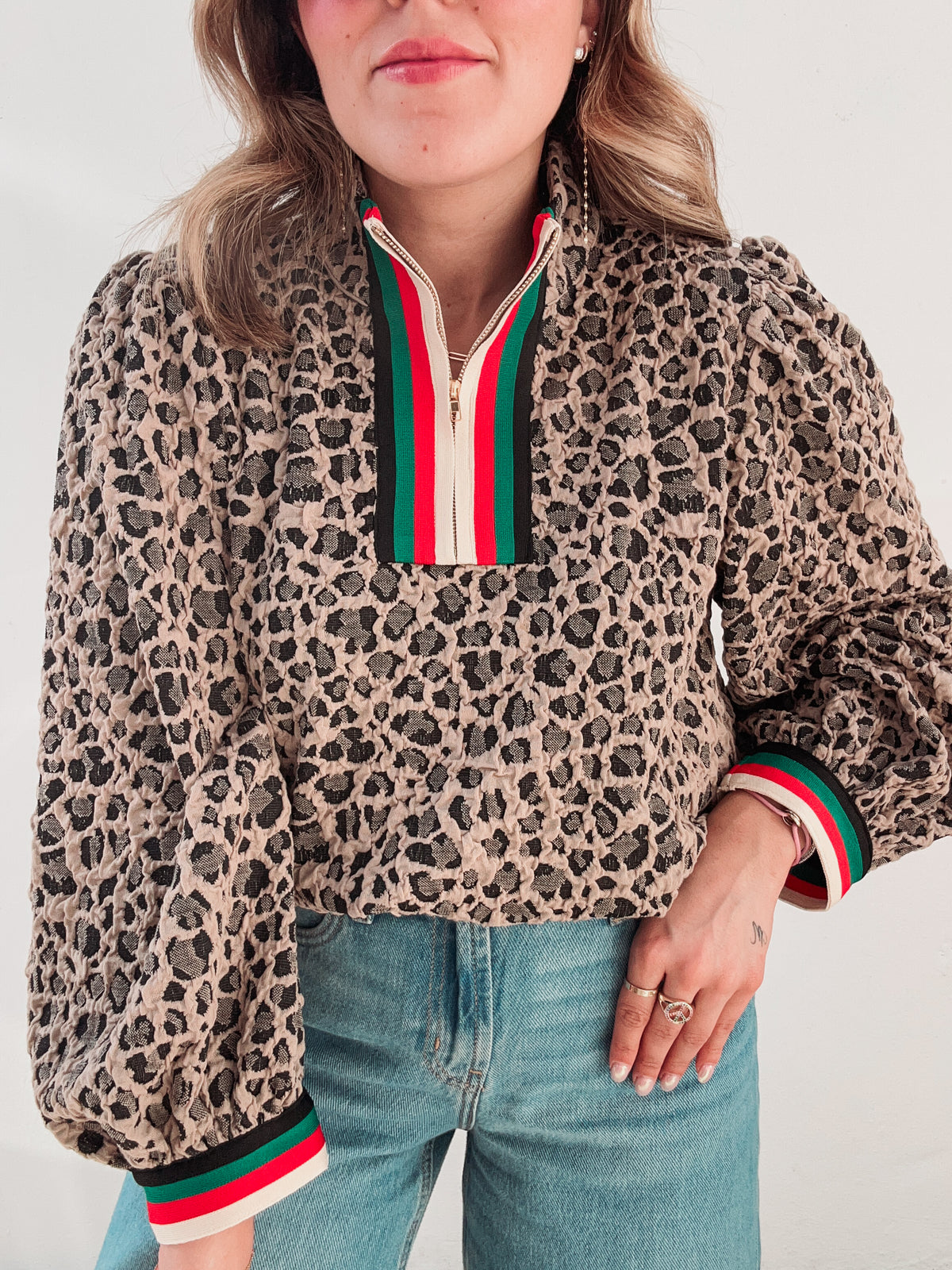 Leopard Zipper Stripes Blouse
