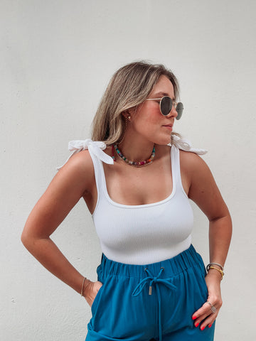 White Bow Ribbed Bodysuit