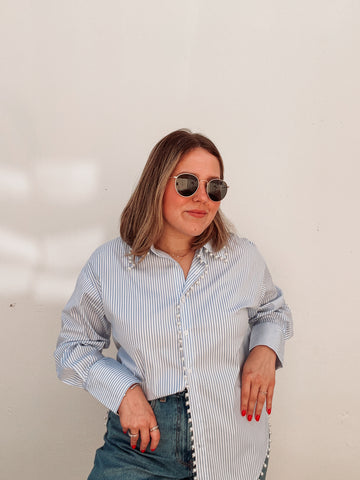 Pearls & Blue Striped Blouse