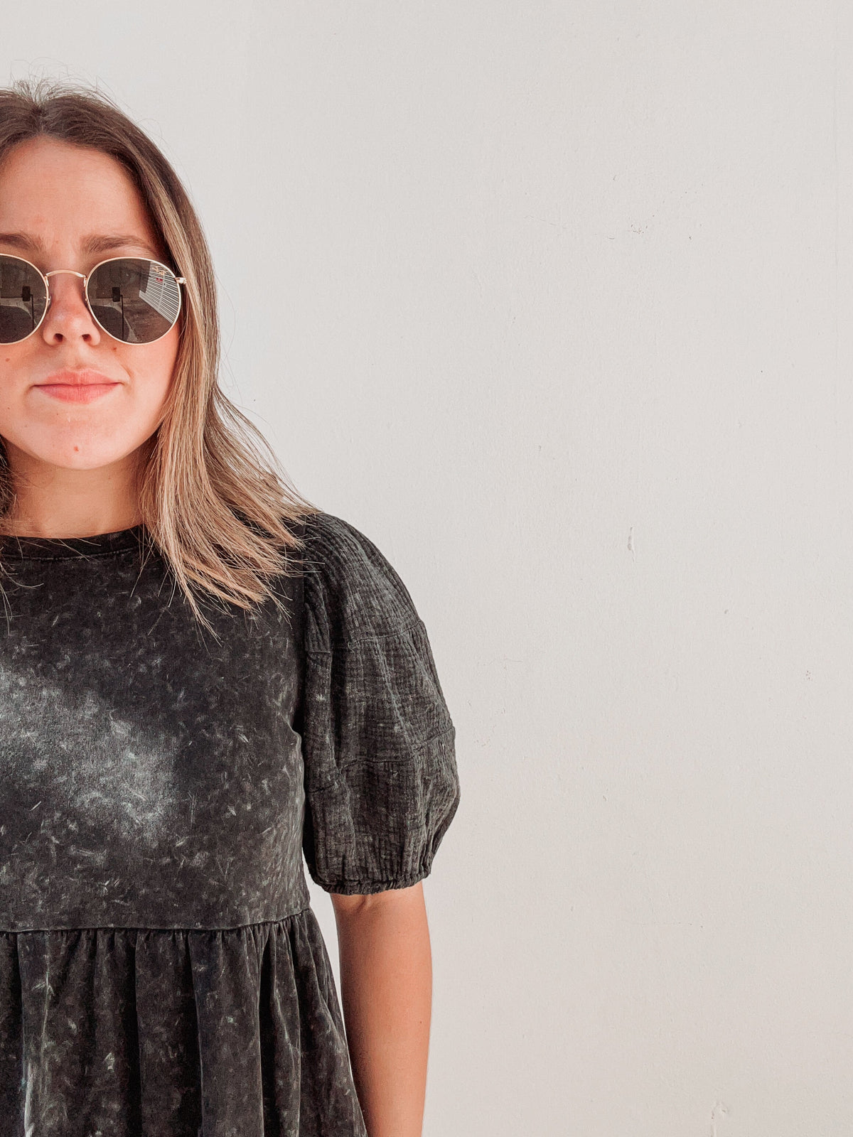 Black Washed Puff Sleeve Dress