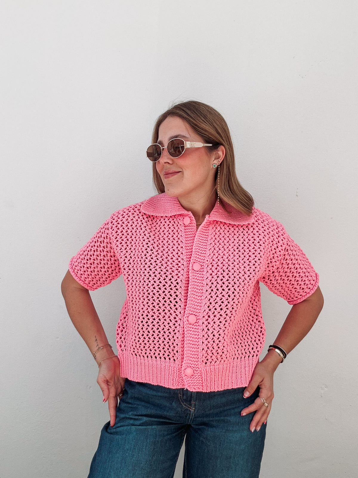 Bubblegum Pink Crochet Cardigan