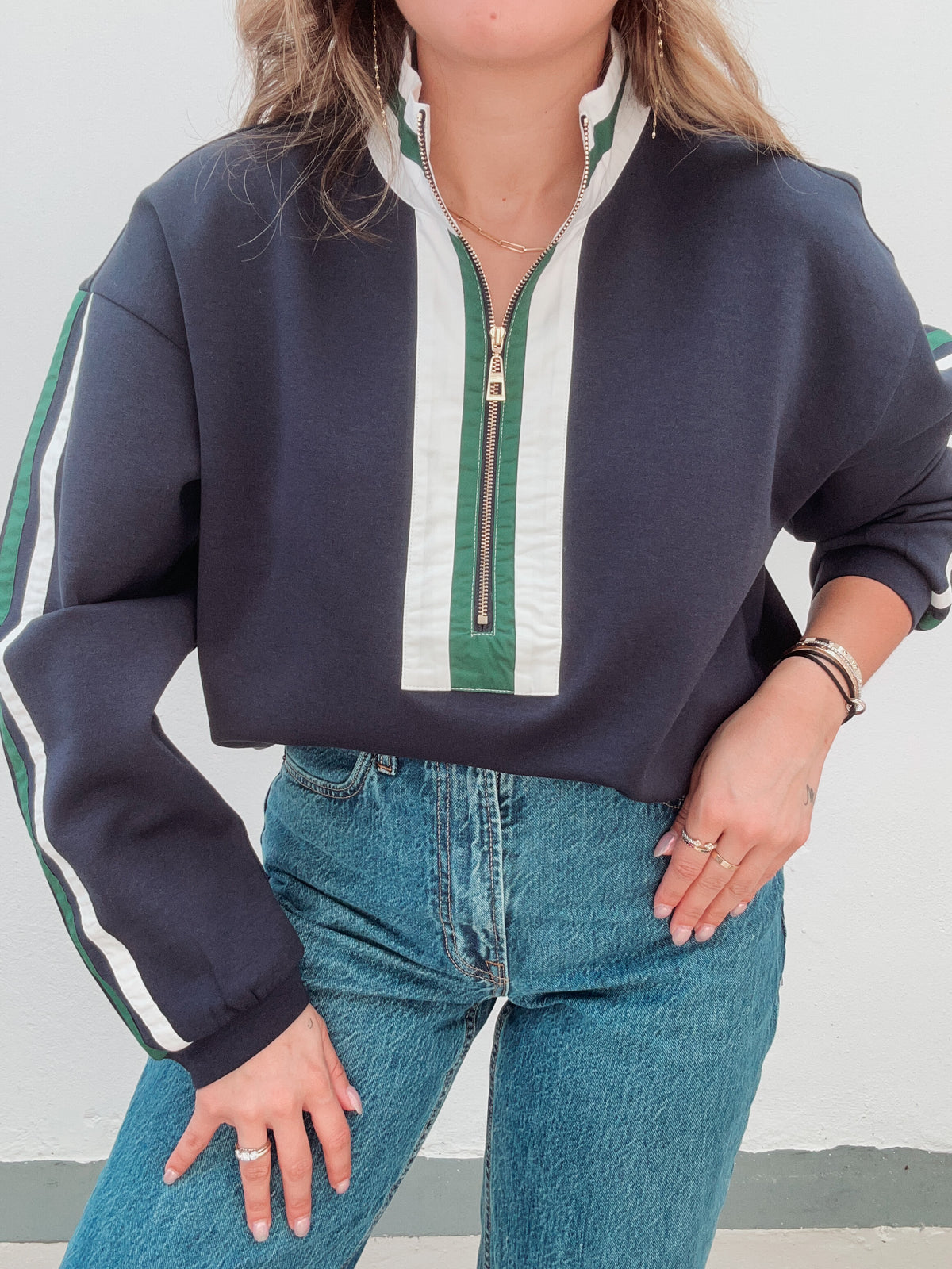 Navy & Green Stripe Zipper Top