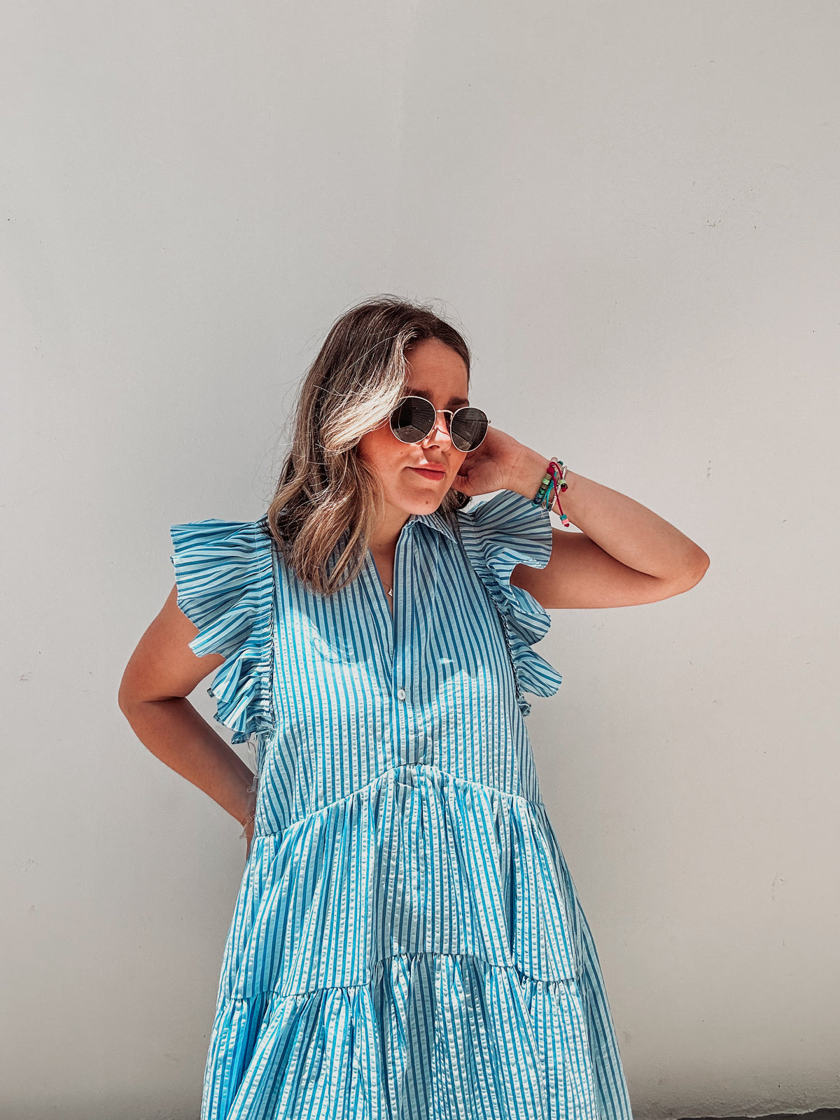 Blue Striped Ruffle Textured Dress