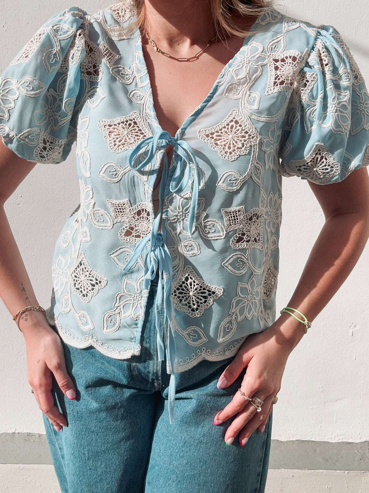 Blue Crochet Bow Tie Top