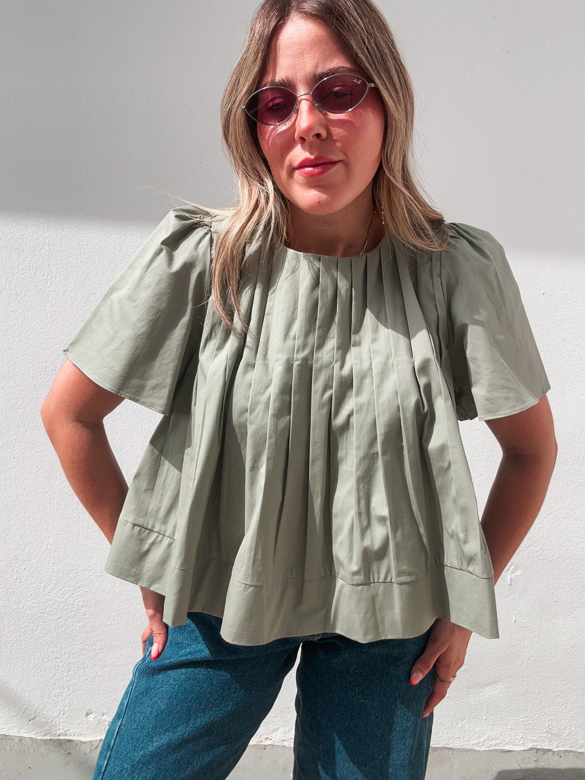 Olive Pleated Top