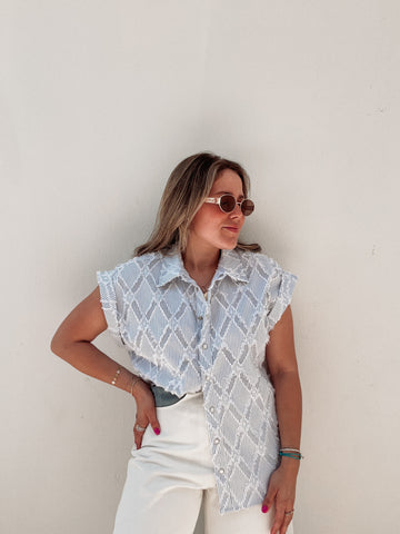 White & Blue Printed Blouse