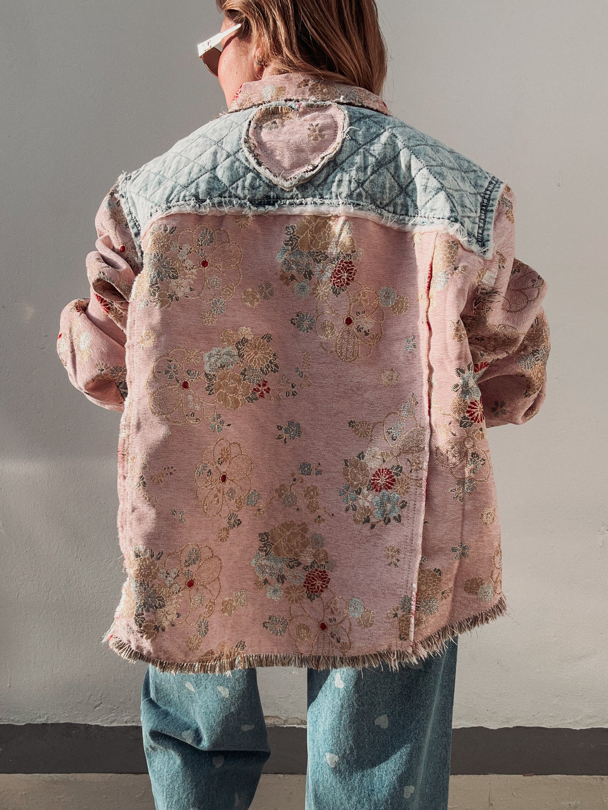 Pink Floral Fringe Denim Light Jacket