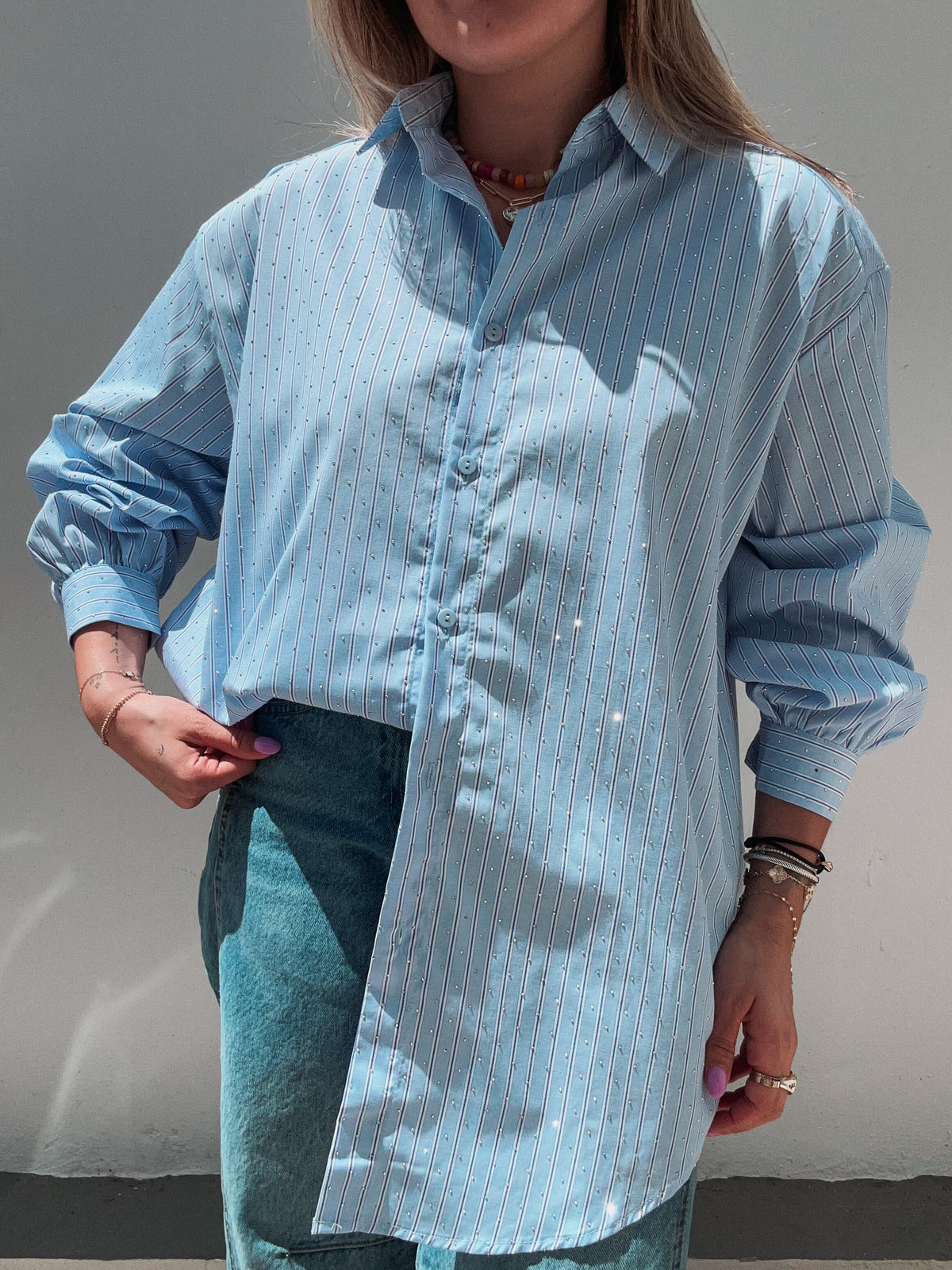 Light Blue Striped Rhinestone Blouse