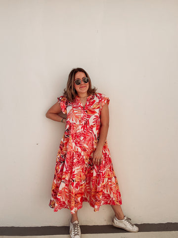 Coral Tropical Leaves Printed Dress