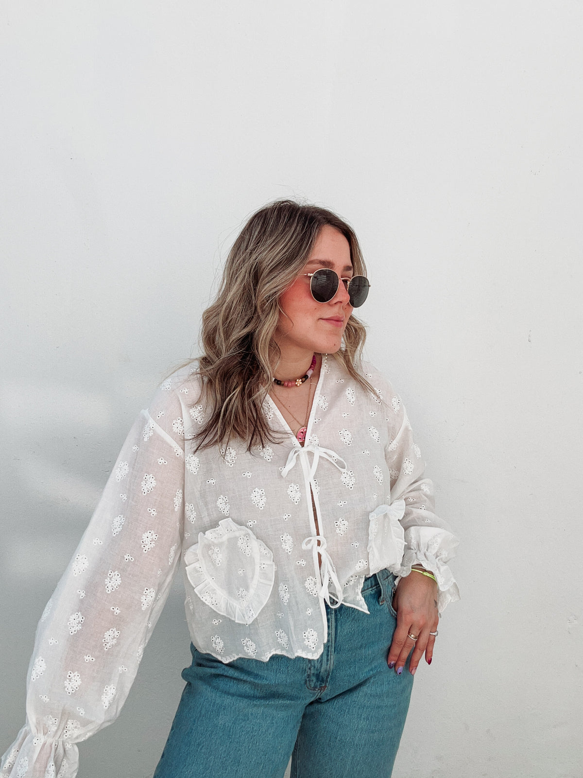 Eyelet Heart Pockets Blouse