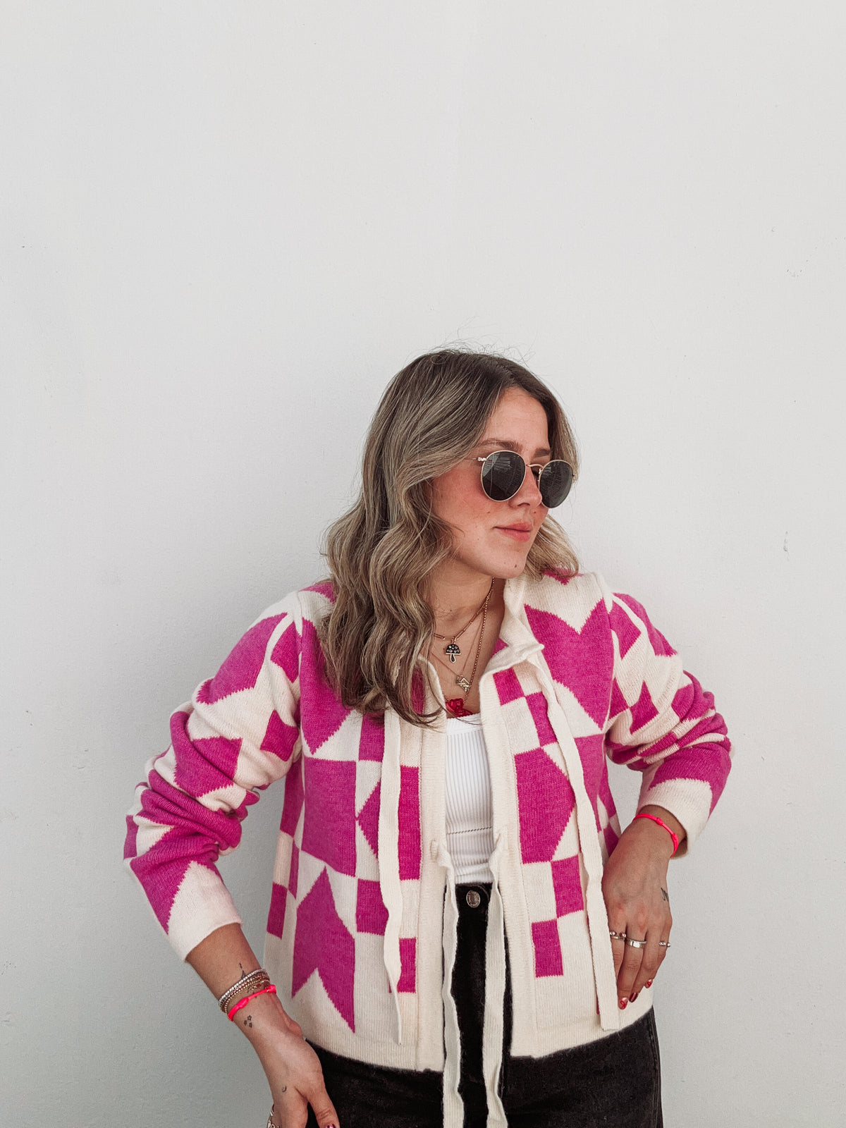 Magenta Bow Checkered Cardigan