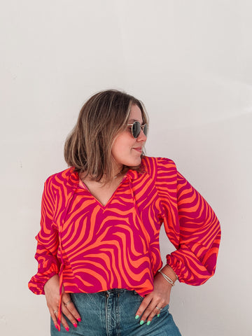 Hot Pink & Orange Wave Print Blouse