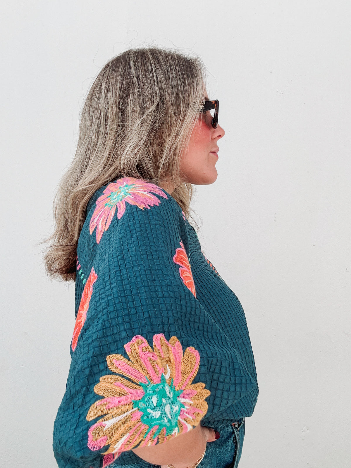 Blue Embroidered Puff Sleeve Blouse
