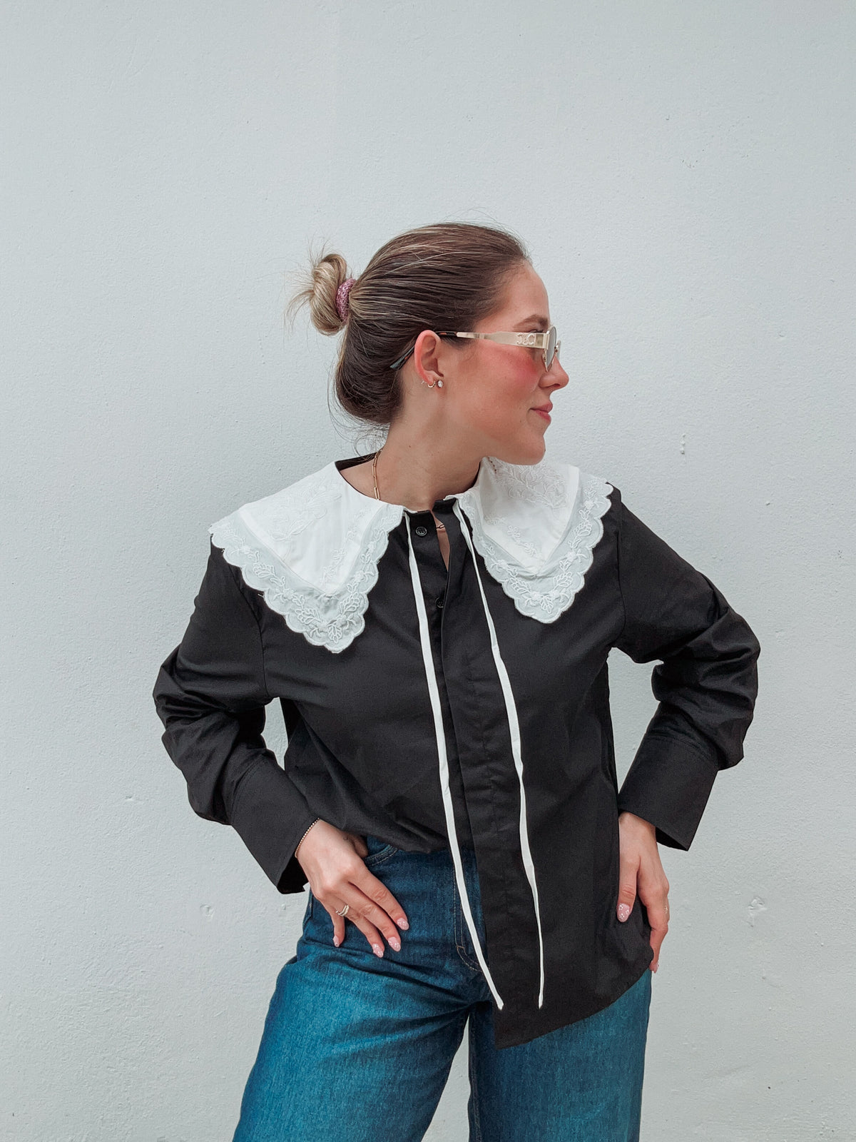 Black & White Embroidered Collar Top