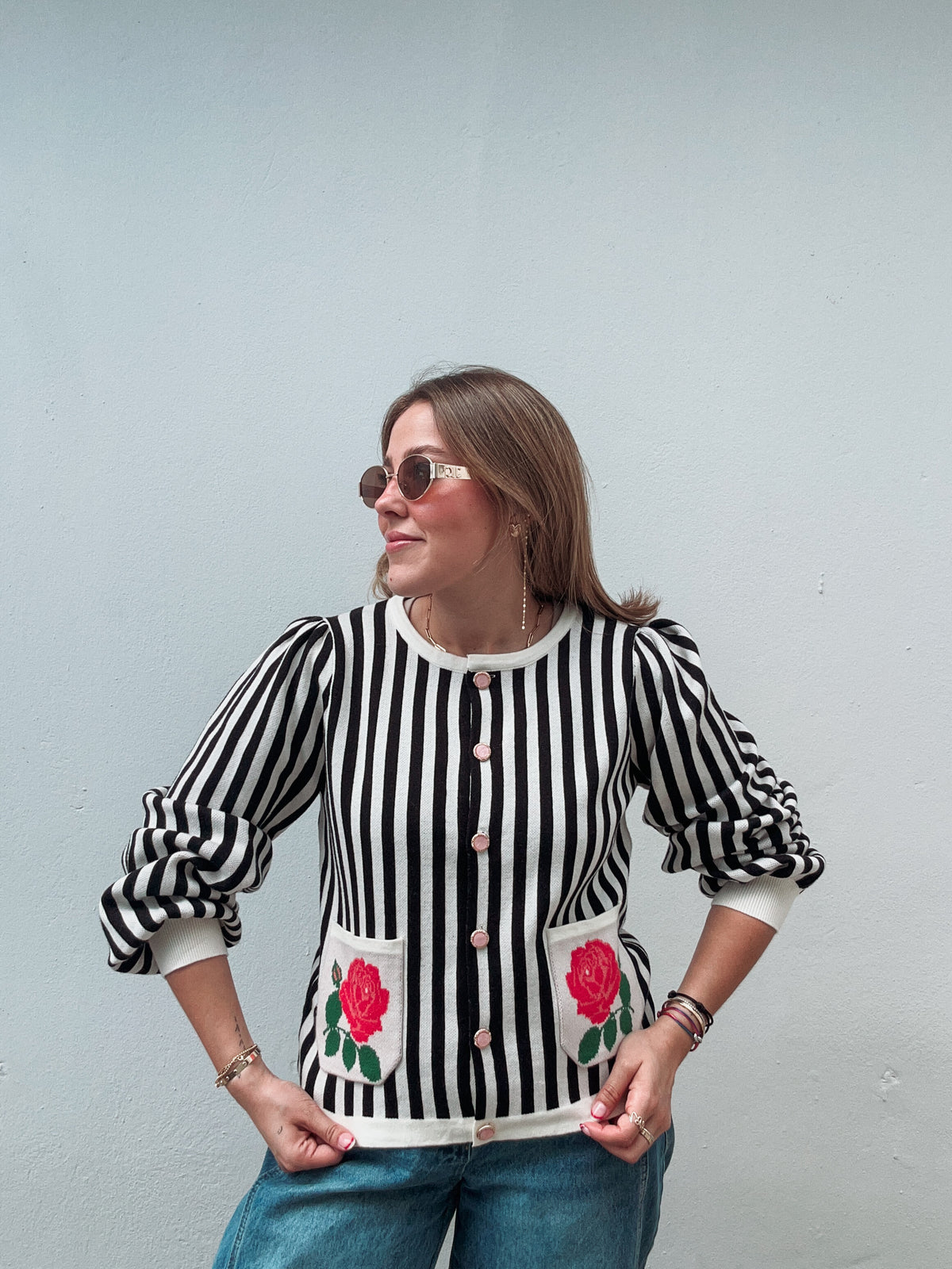 Black & White Striped Floral Sweater
