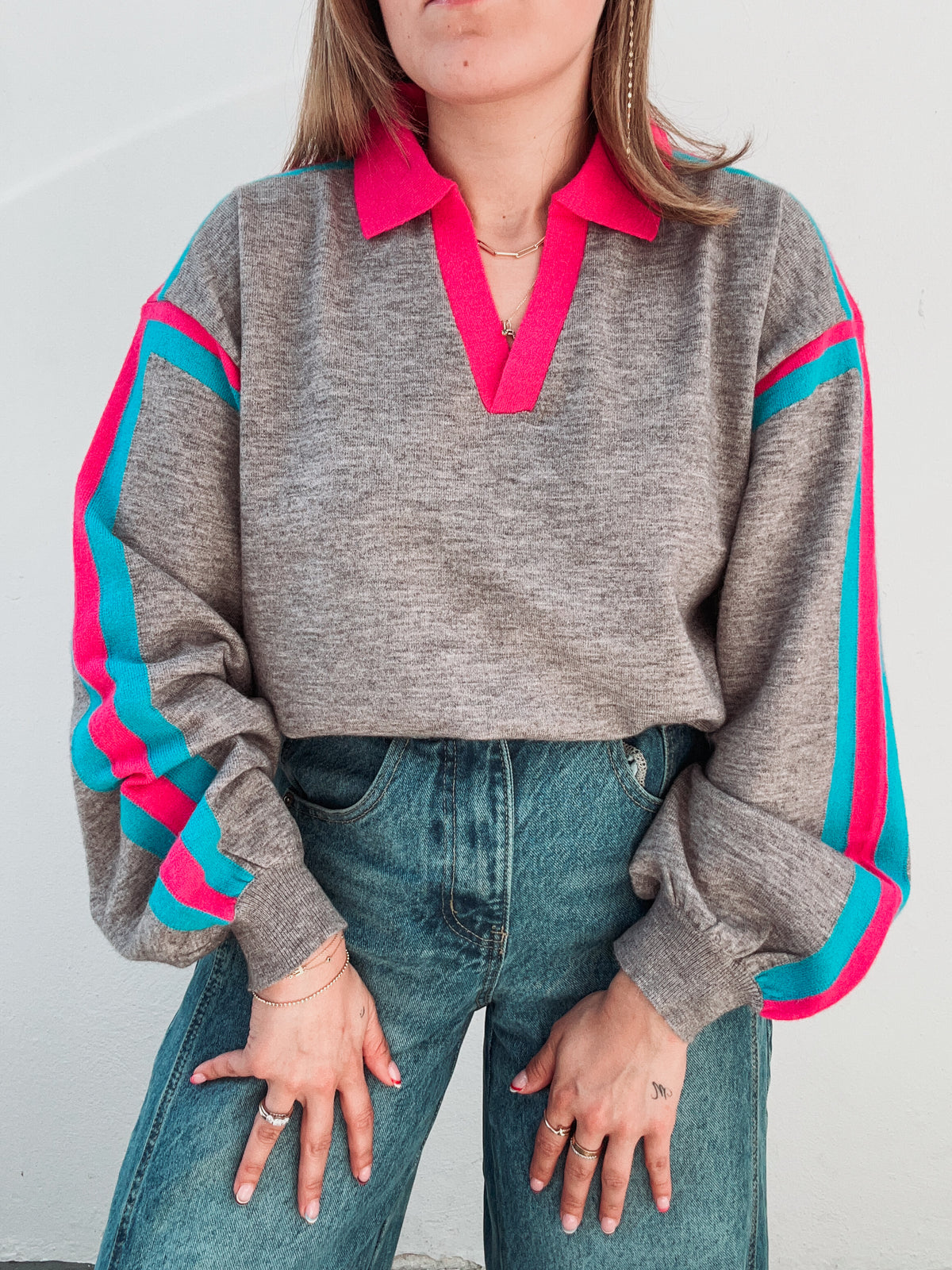 Blue & Pink Grey Knit Top