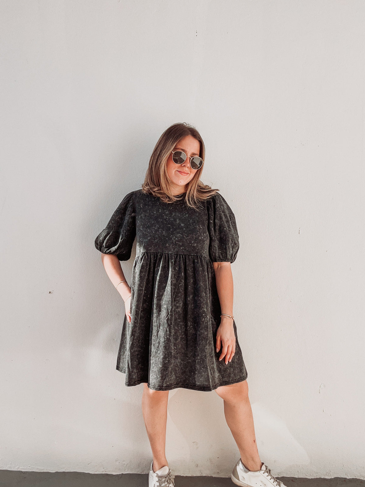 Black Washed Puff Sleeve Dress