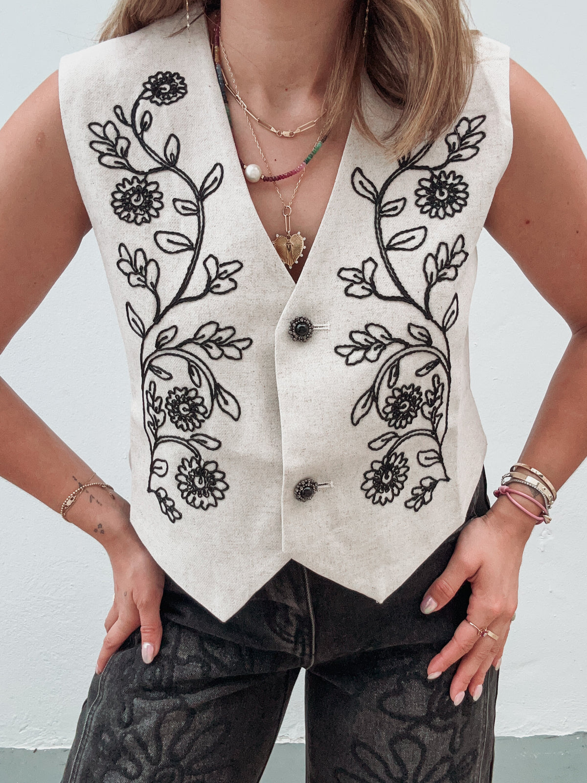 Sand & Black Embroidered Vest