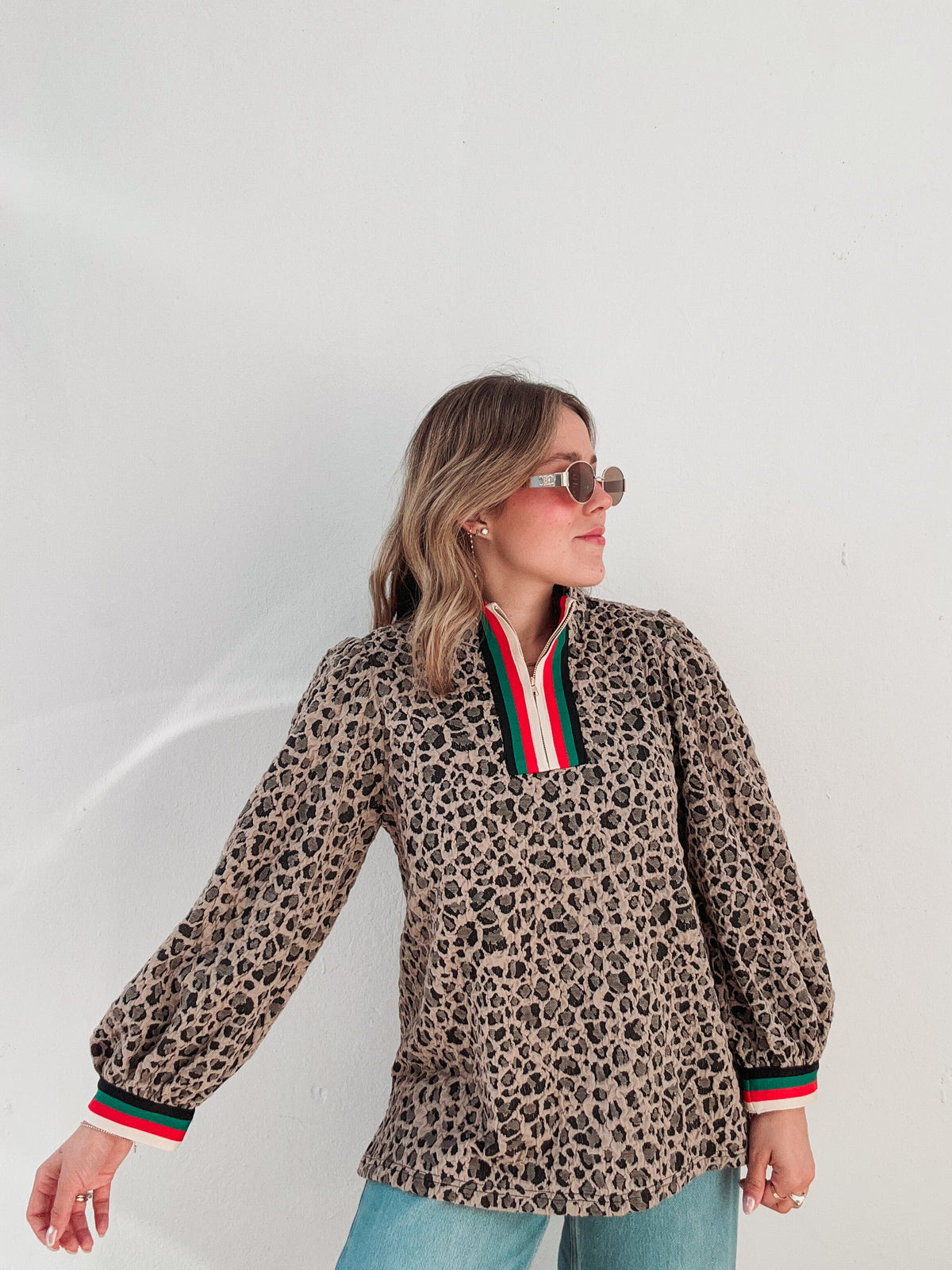Leopard Zipper Stripes Blouse
