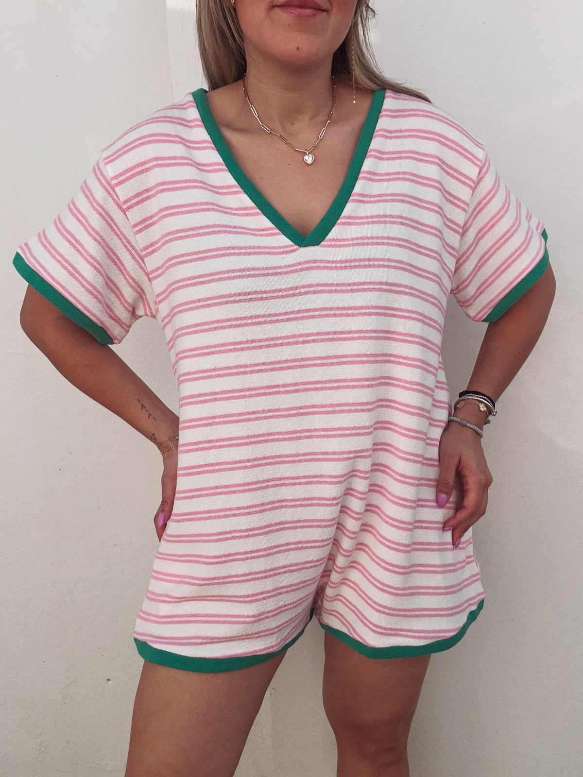 Beach Pink Stripe Terry Romper