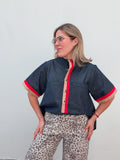 Denim Red & Taupe Stripe Top