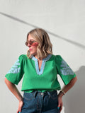 Green & Blue Scalloped Embroidered Top