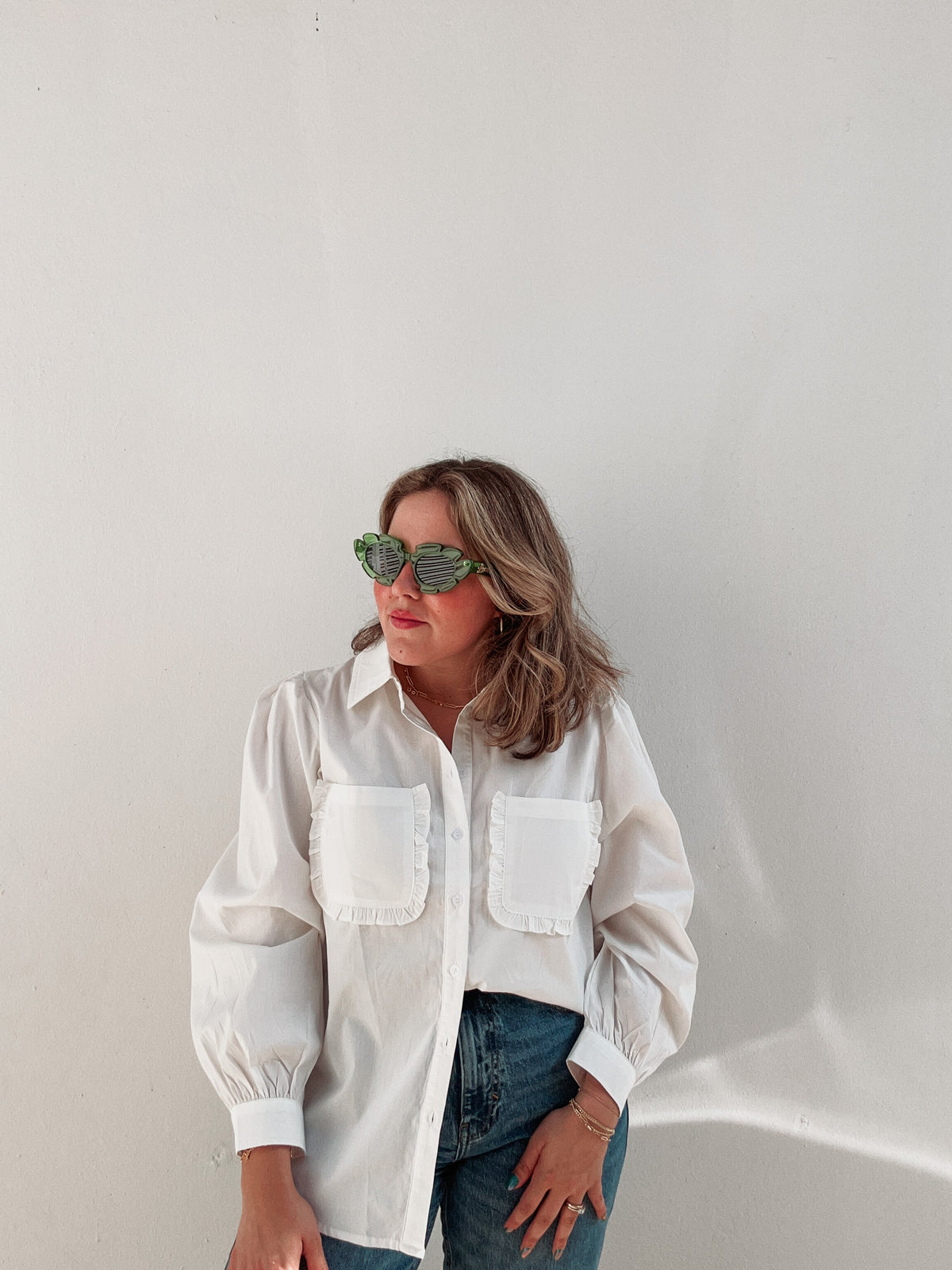 Blanc Ruffle Pockets Button Down