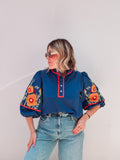 Navy Embroidered Floral Top