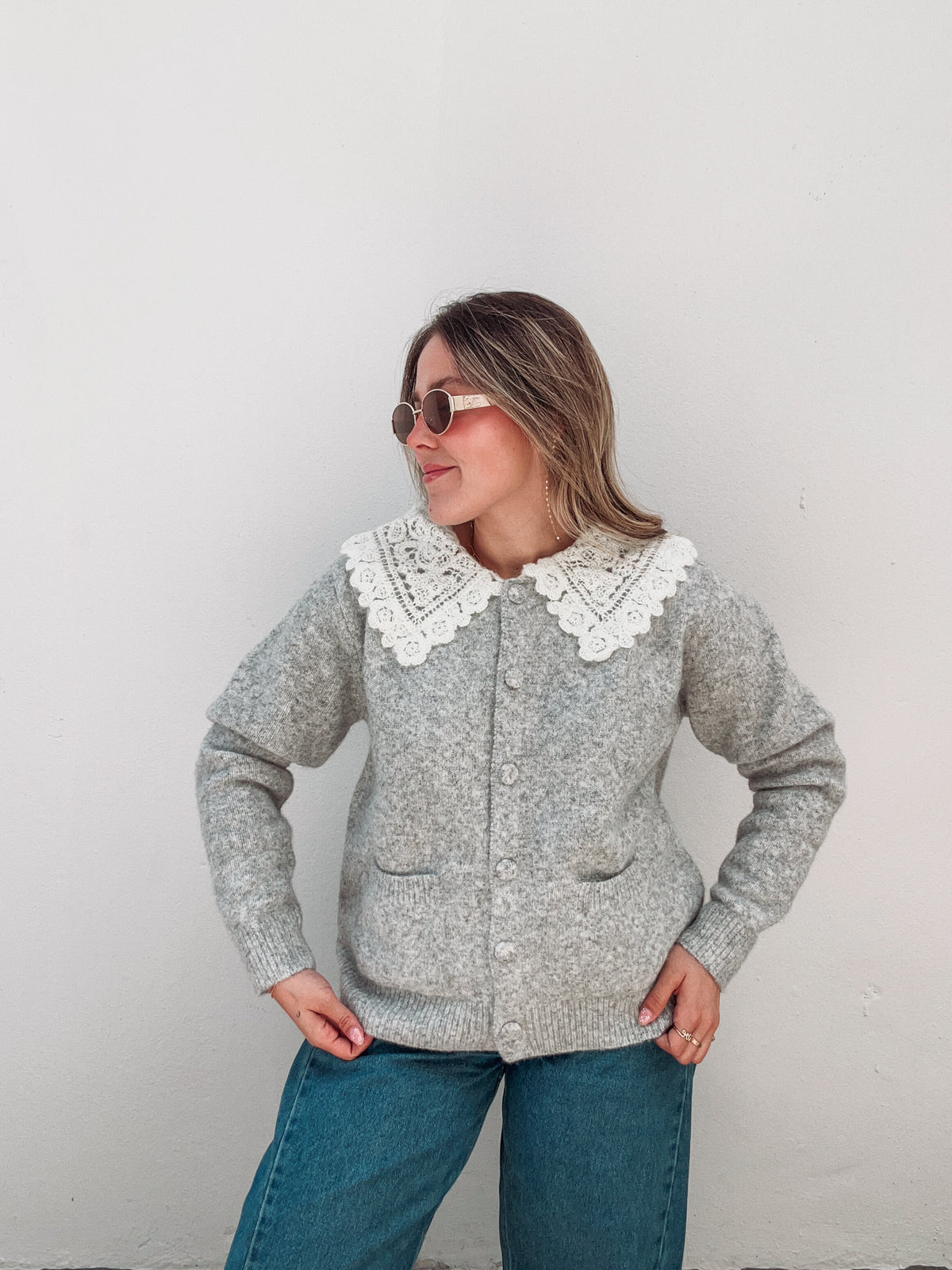 Grey White Collared Cardigan
