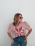 Cream & Rust Stripe Embroidered Blouse