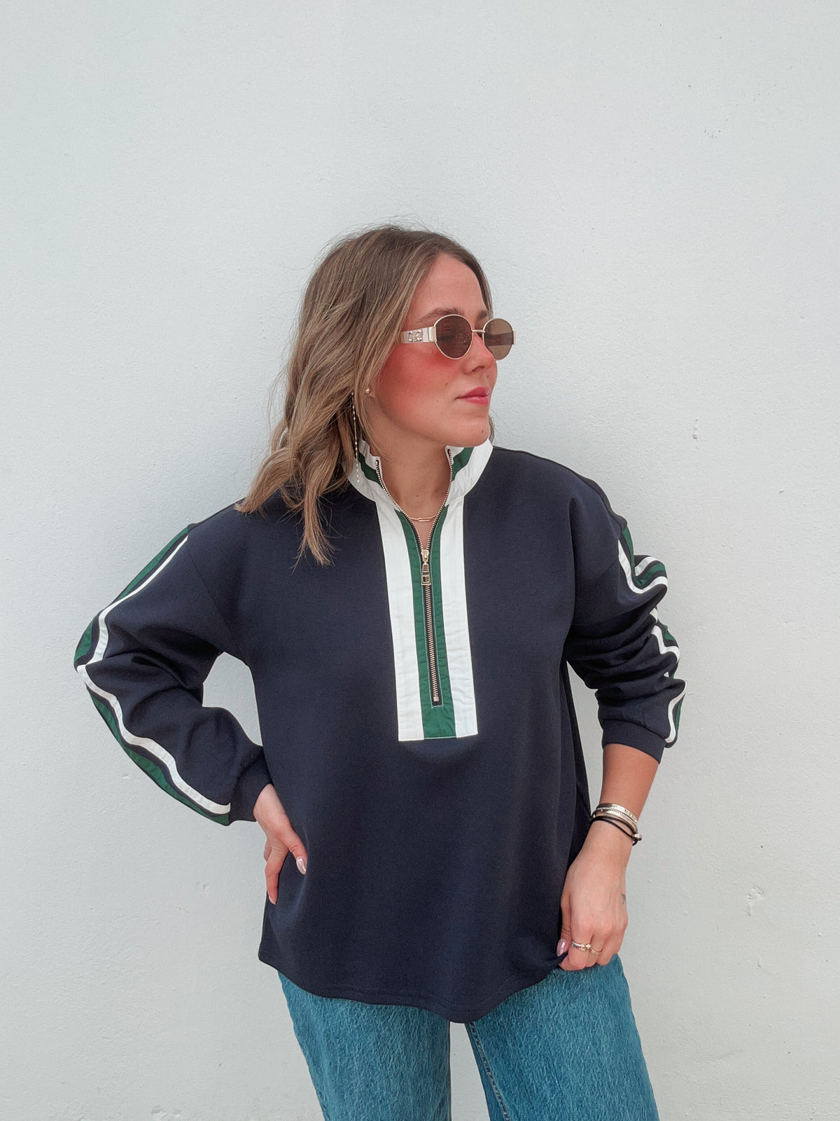 Navy & Green Stripe Zipper Top