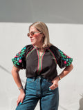 Black Rainbow Floral Embroidered Blouse
