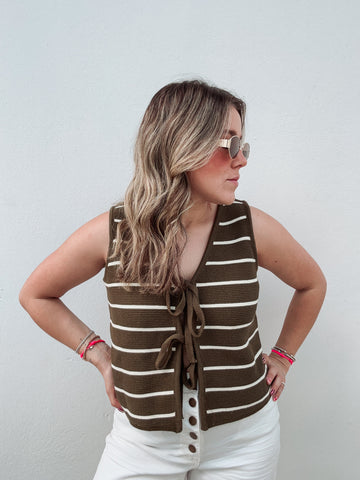 Olive Stripes Bow Vest