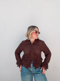 Choco Fringe Knit Button Down Cardigan