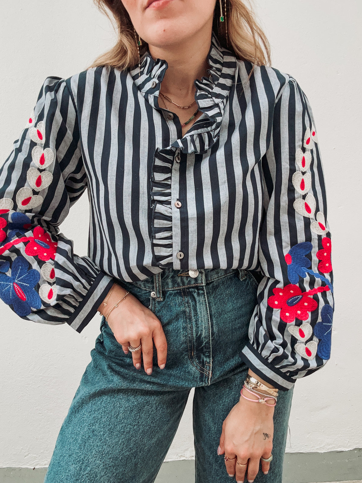 Blue Stripes Embroidered Blouse