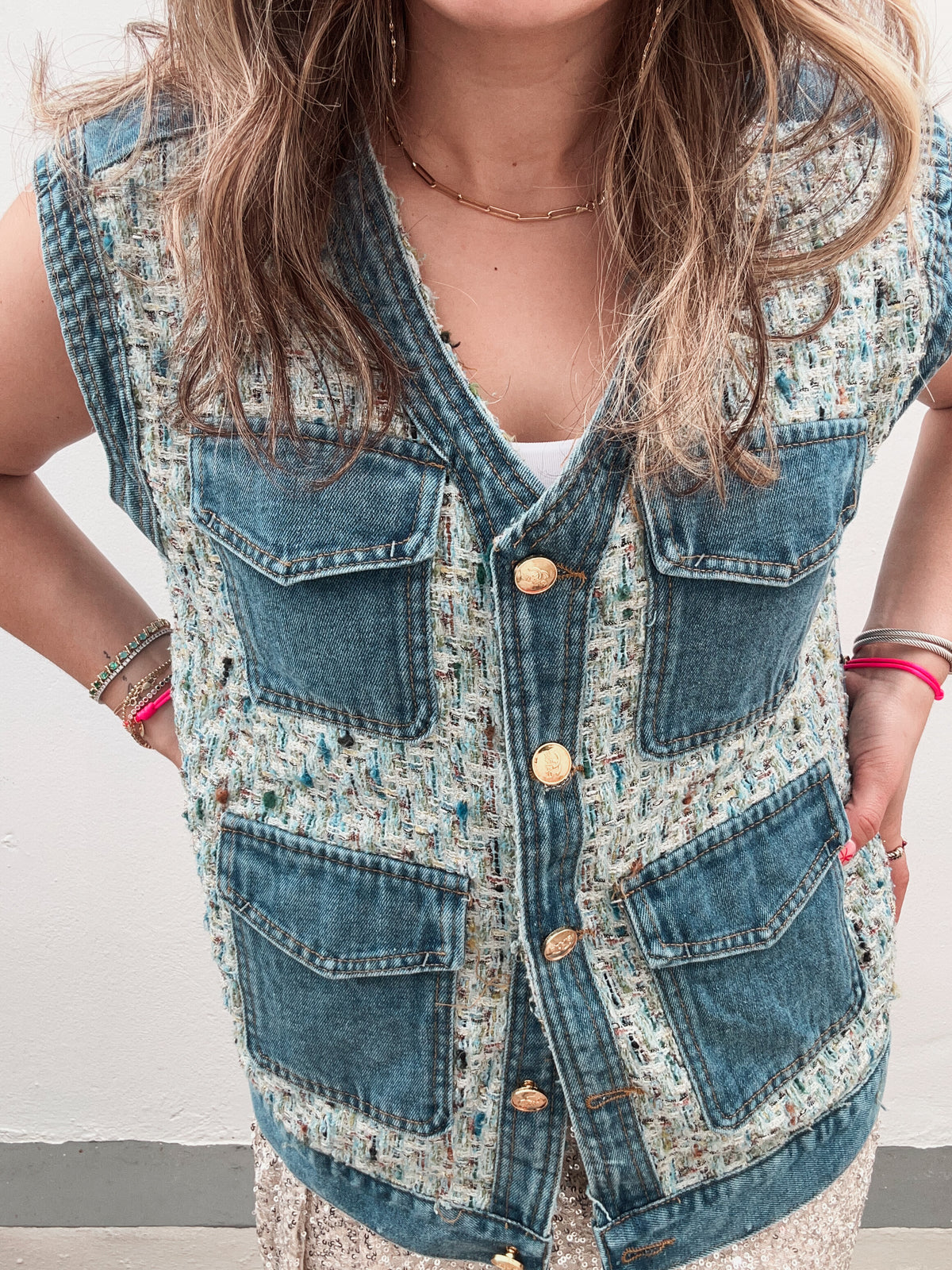 Tweed Glitter Denim Vest