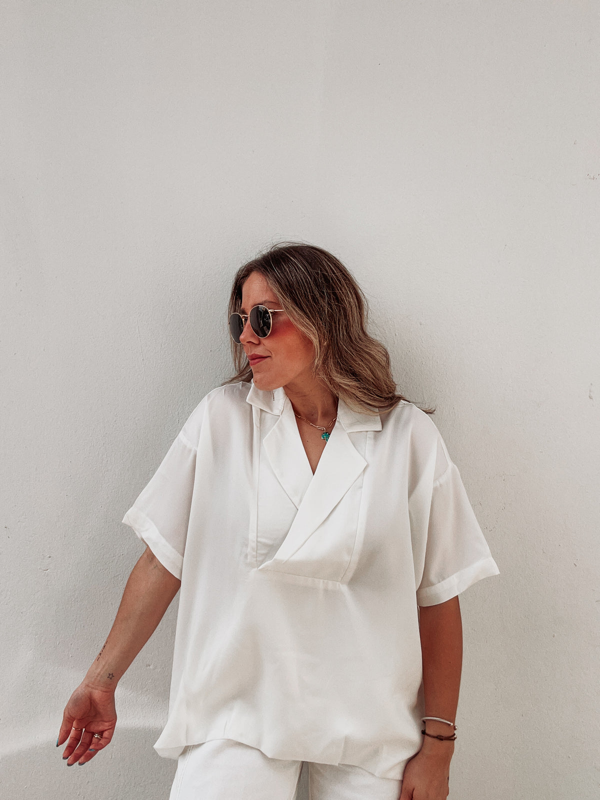 White Collard Satin Blouse