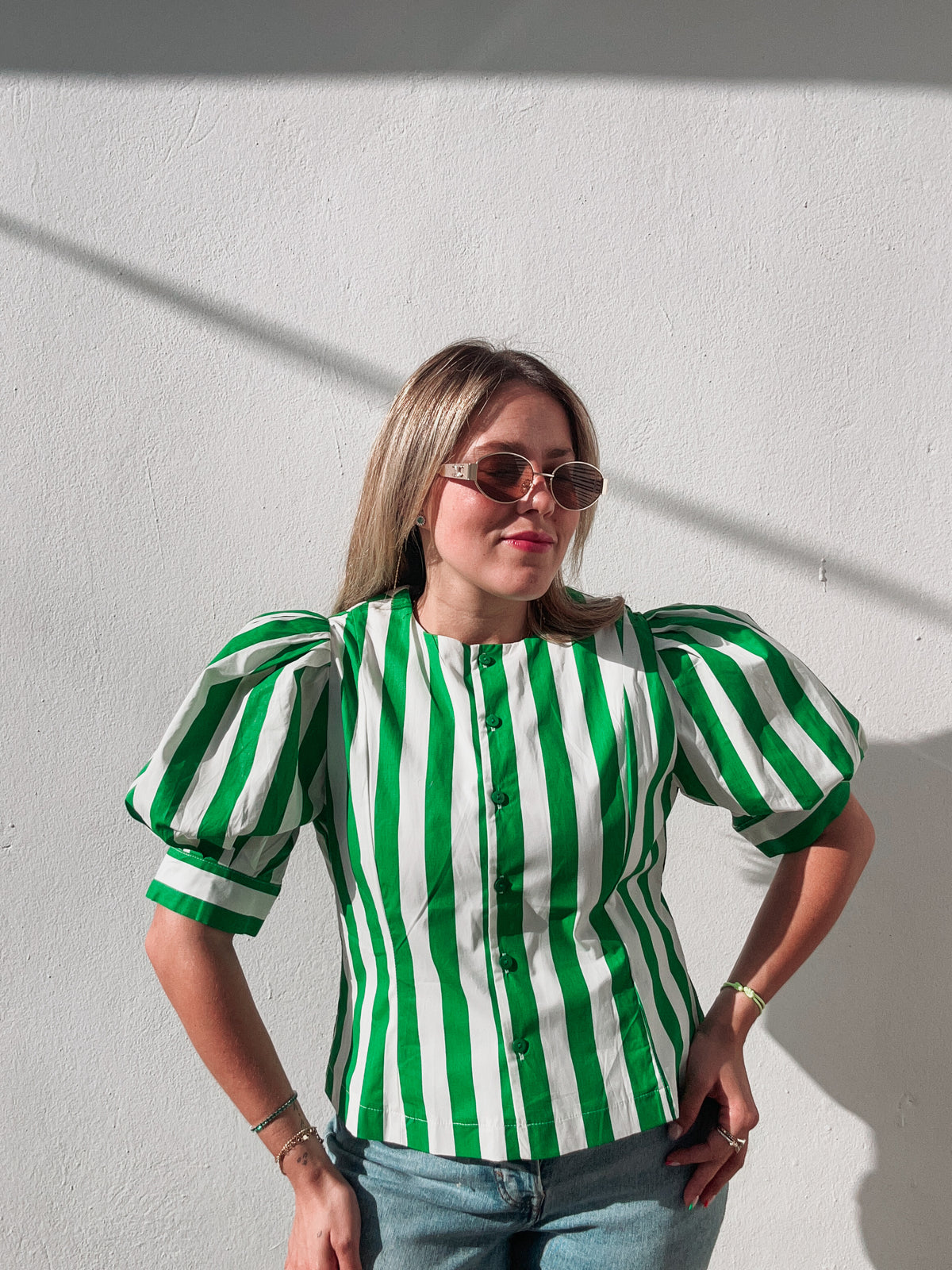 White & Green Striped Blouse