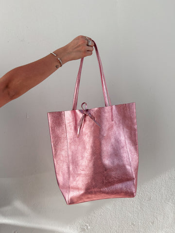 Light Pink Metallic Leather Tote