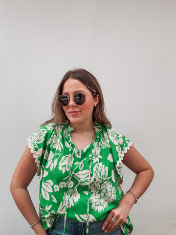 Green Floral Scalloped Blouse