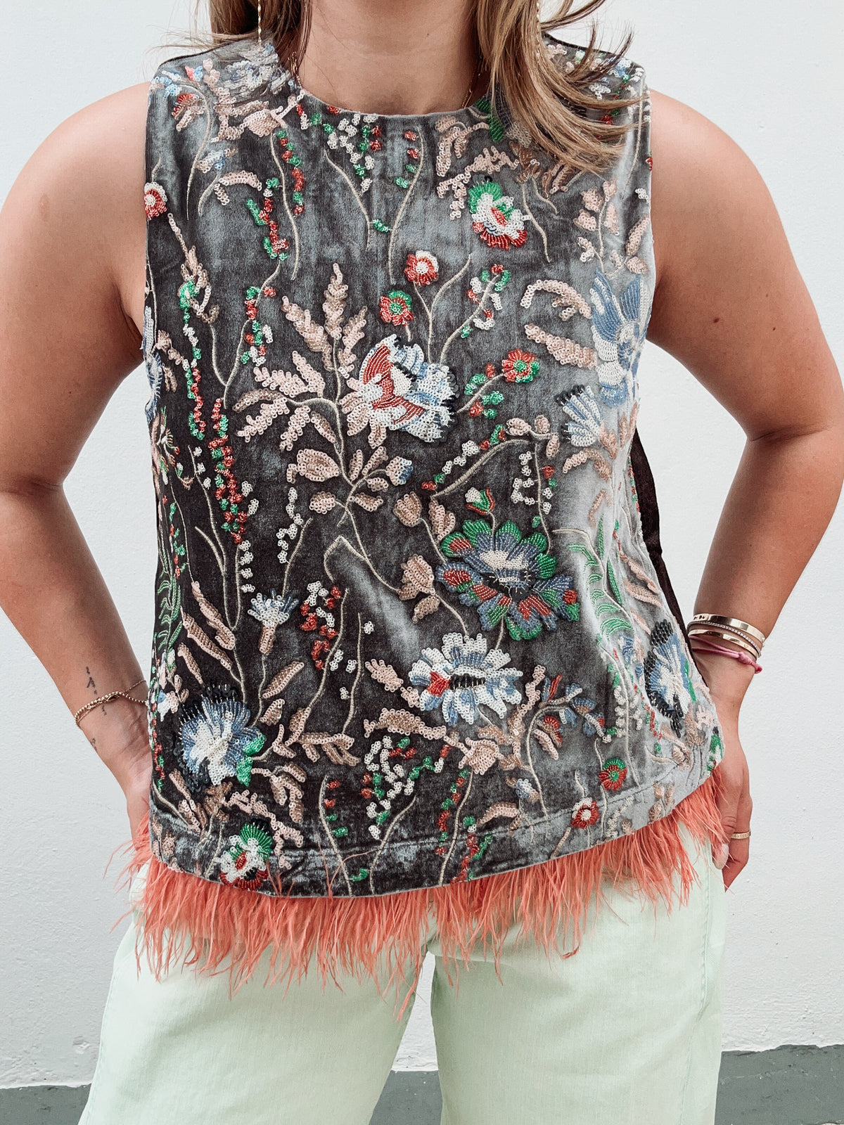 PRE ORDER: Gardenia Floral Embroidered Feathers Top