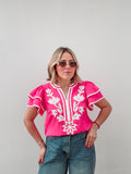 Pink & White Embroidered Ruffle Top