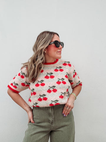 Cherry Puff Sleeve Sweater Top