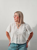 White Eyelet Heart Buttons Top
