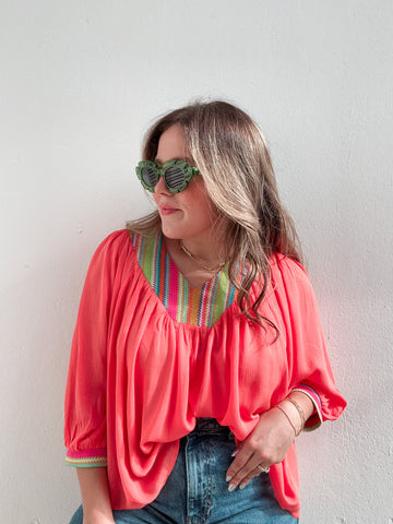 Rio Embroidered Coral Blouse
